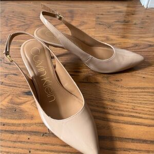 Calvin Klein Women's Beige Patent Slingback Heels - Worn Once